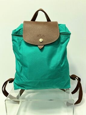 Longchamp Sea Green Nylon Backpack with Brown Leather Flap nwot